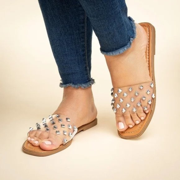 Pierre Dumas Empress Clear Silver Studded Sandals - Sz 8 1/2 - Picture 1 of 8